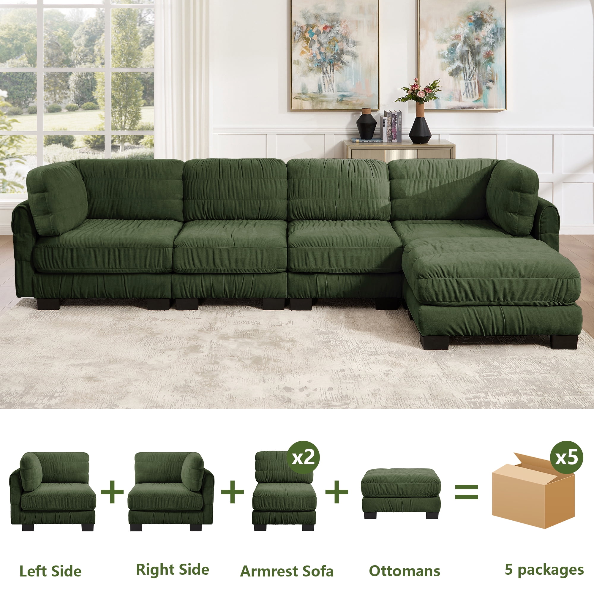 140" L Shape 4 Seat Chenille Modular Sectional Sofa with Ottoman and L Shape Back Cushions,Easy Assembly