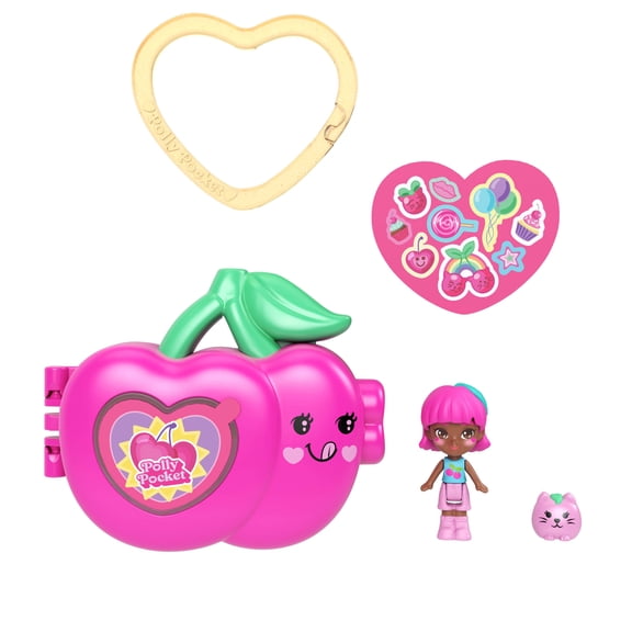Polly Pocket Doll & Micro Compact, Keychain and Sticker Sheet, Pet Accessory, Travel Toys