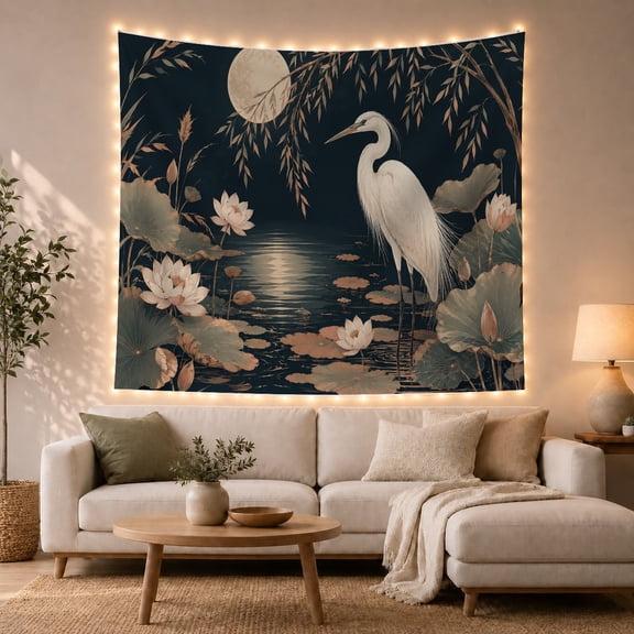 Heron in Lotus Pond Under Full Moon, Serene Watercolor for Nature Lovers, Asian Wildlife Wall Decor, Housewarming Gift, Tapestry Wall Hanging for Bedroom and Living Room