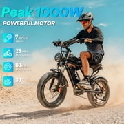 Peak 1000W Electric Bike for Adults,Up to 70Miles,48V 15.6AH Removable Battery, 7 Speed Mountain Bike ,20 Fat Tire Electric Bicycle UL2849