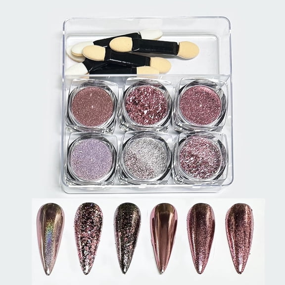 6 pcs Pink Holographic Chrome Nail Powder Kit Mirror Effect Chrome Powder for Nails,DIY Nail Designs Glitter Chrome Powder for Gel Polish Nail Art Pigment