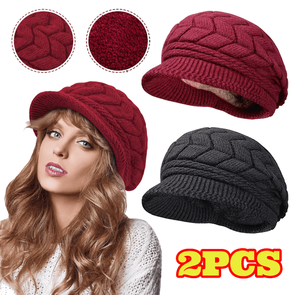 2pcs Women's Winter Beanie Hat with Brim, Warm Hat Visor Beret Knitted Slouchy Hats Cap for Cold Weather