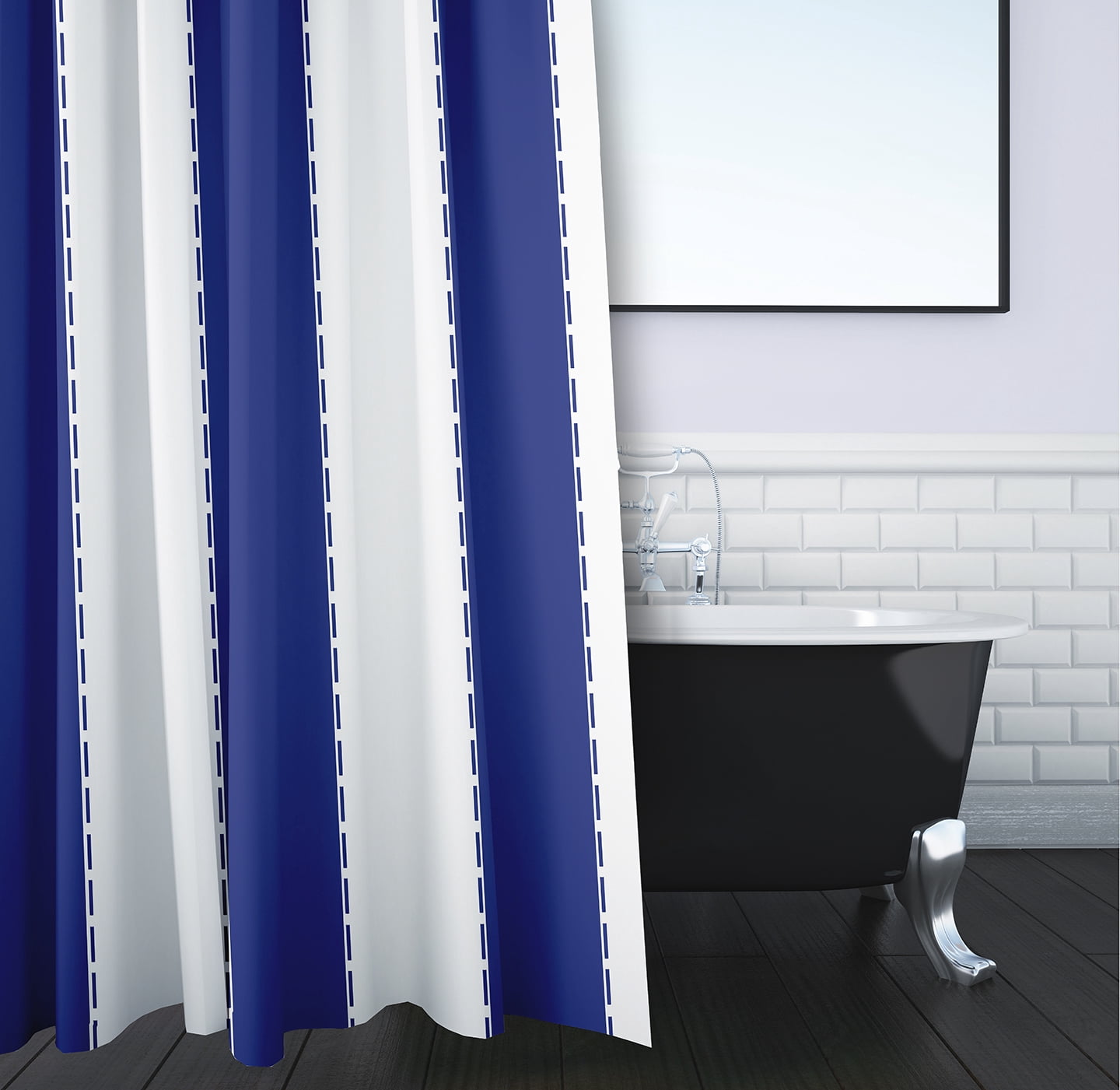 Simply Daisy 70" x 73" Stitch in Time Blue Stripes Polyester Print Shower Curtain