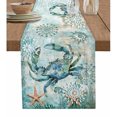

Coastal Crab Table Runner Teal Nautical Beach Starfish Vintage Tablerunners 13 x 120 Inch Table Decorations Tabletop Scarf for Summer Gathering Holiday Farmhouse Kitchen Dining Decor