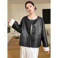 thumbnail image 3 of Chaqueta de piel auténtica para mujer, corta, a la moda, con cuello redondo, botonadura sencilla, estilo vintage, holgada, informal, de piel de oveja auténtica, chaqueta para mujer, 3 of 5