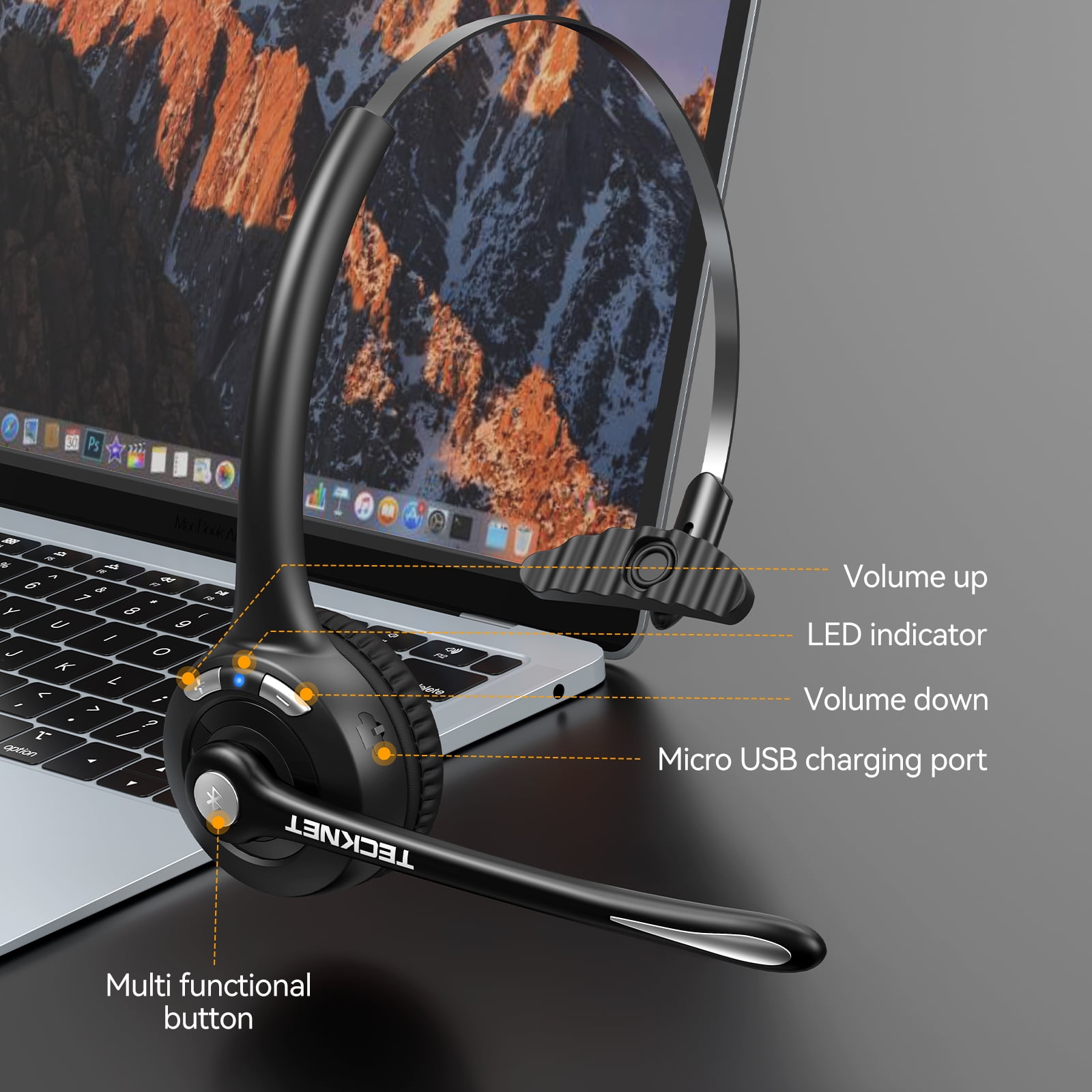 TECKNET Bluetooth Headset, Wireless Headset with Noise Canceling Microphone for Trucker, On-Ear Bluetooth Headphone with Mute Mic for Work