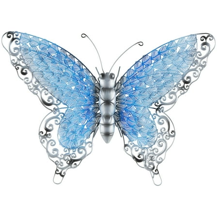 DecMode Blue Metal Cutout Butterfly Wall Decor with Silver Scroll Details