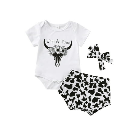 

Listenwind 3Pcs Infant Baby Girls Summer Outfit Cow Print O-Neck Short Sleeve Snaps Romper + Stretch Pantie + Headband
