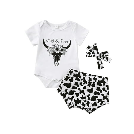 

Sunisery 3Pcs Baby Girls Outfit Cow Print Short Sleeve Snaps Romper Stretch Pantie Headband Summer Clothes White 0-3 Months