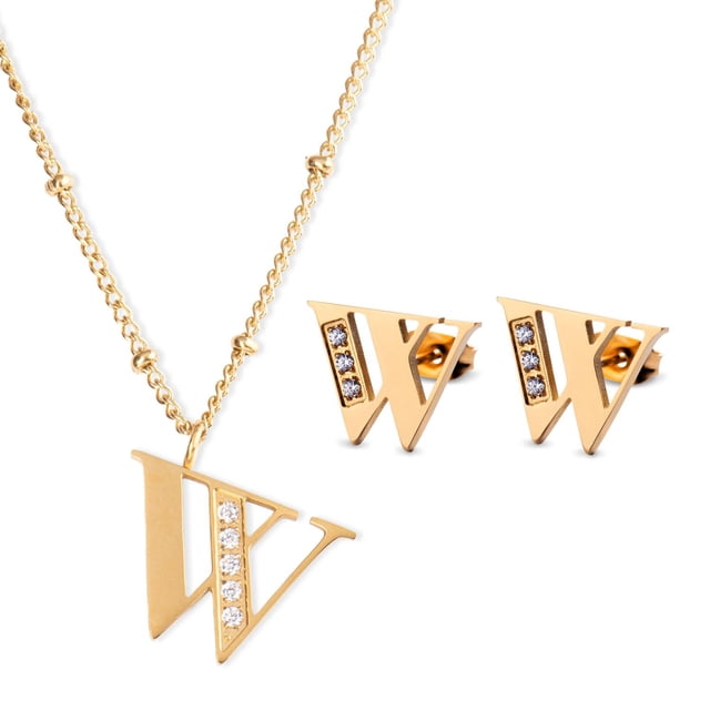 Juego Joyería Mujer, Collar Aretes Inicial Letras LuckyLy, Acero Inoxidable Baño de Oro 18k dorado UNITALLA