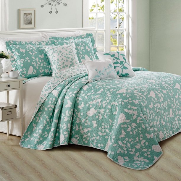Serenta Birdsong 6piece Cotton Blend Quilted Bedspread Coverlet Set tealturquoise Oversize