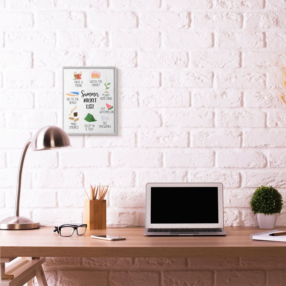 Summer Bucket List Seasonal Items Food Word Design Gray Farmhouse Rustic Framed Giclee Texturized Art by Daphne Polselli