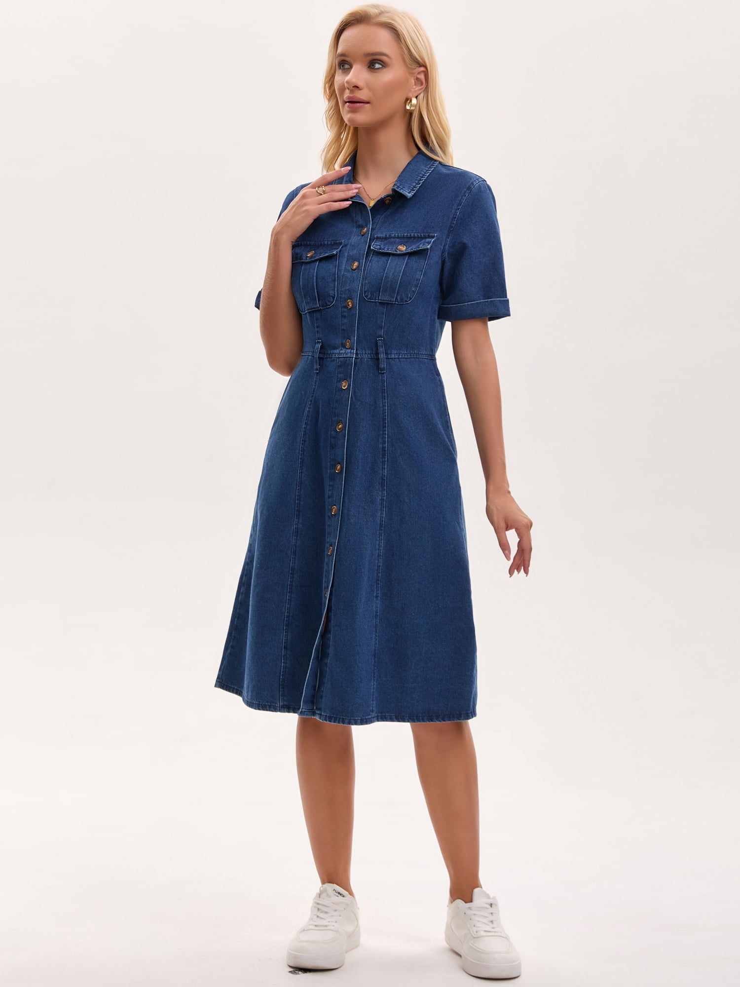 DARING DIVA Women's Denim Button Down Short Sleeve Belted Jean Shirt Dress XL Dark Blue