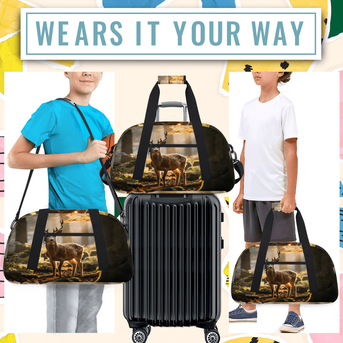 Herdesigns Deer Sports Duffle Bag for Women & Men, Forest Animals Gym Bag Dance Bag Overnight Bag Carry On Weekender Travel Bag