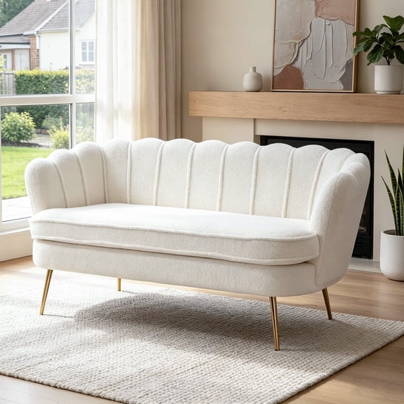 Shaiaield 59" Ivory Small Loveseat with Golden Legs,Chenille Fabric Loveseat with Channel‑Tufted Backrest,Upholstered Accent Sofa for Living Room