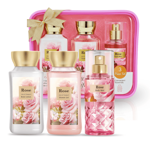 Rose Spa Gift Set for Women - 3PCS Luxury Bath & Body Kit with Shower Gel, Lotion & Fragrance Mist - Travel Size Self Care Gift for Mom, Wife, or Her