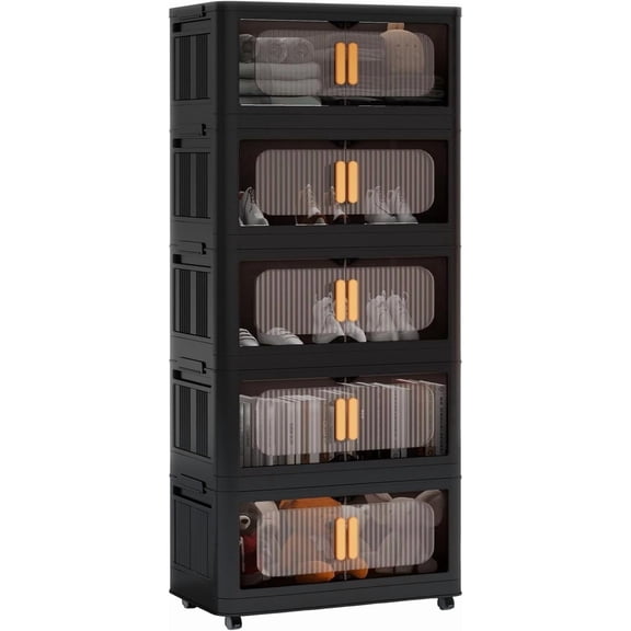 24" Side Wide Folding Storage Cabinet 5-Tier Folding Storage Cabinet with Wheels Black - Heavy Duty PP Plastic Collapsible Organizer for Living Room Bedroom Garage Dorm Kitchen