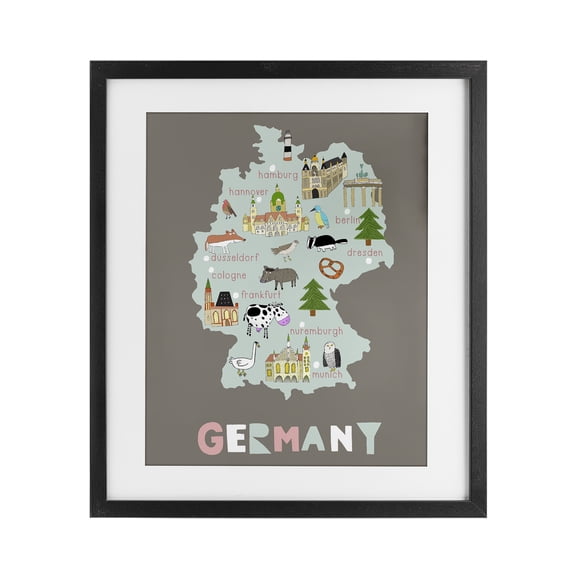 Kid's Map of Germany Black Framed Print Under Glass, design by Carla Daly