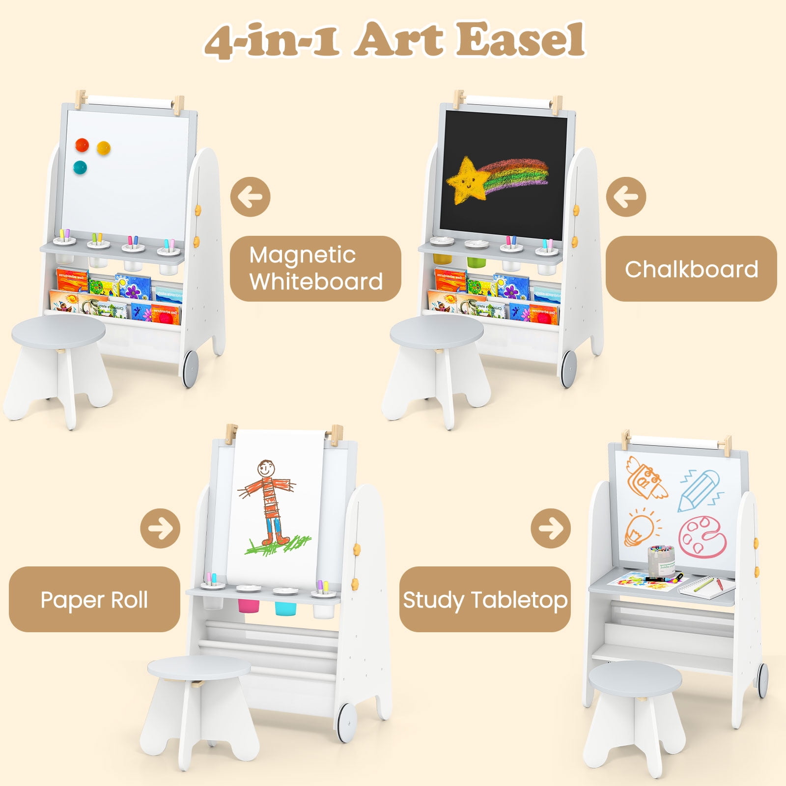 INFANS Easel for Kids with Stool, 4-in-1 Double-Sided Adjustable Magnetic Chalkboard with Paper Roll, Bookshelves, Wheels, Wooden Standing Painting Drawing Art Board for Boys Girls