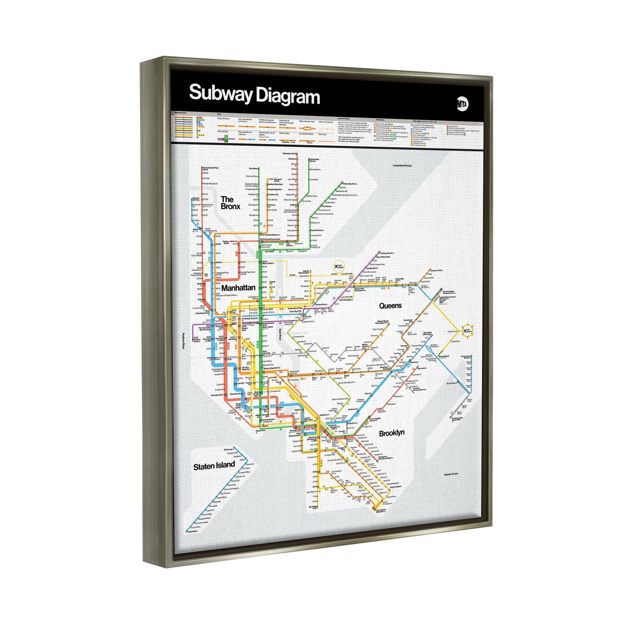 Stupell Industries New York City Urban Subway Diagram Chart Graphic Art Luster Gray Floating Framed Canvas Print Wall Art, Design by JG Studios