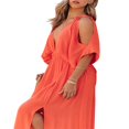 thumbnail image 4 of Women‘s Summer Split Maxi Dress Off Shoulder Deep V Neck Solid Color Mid Sleeve Loose Evening Party Dress, 4 of 6