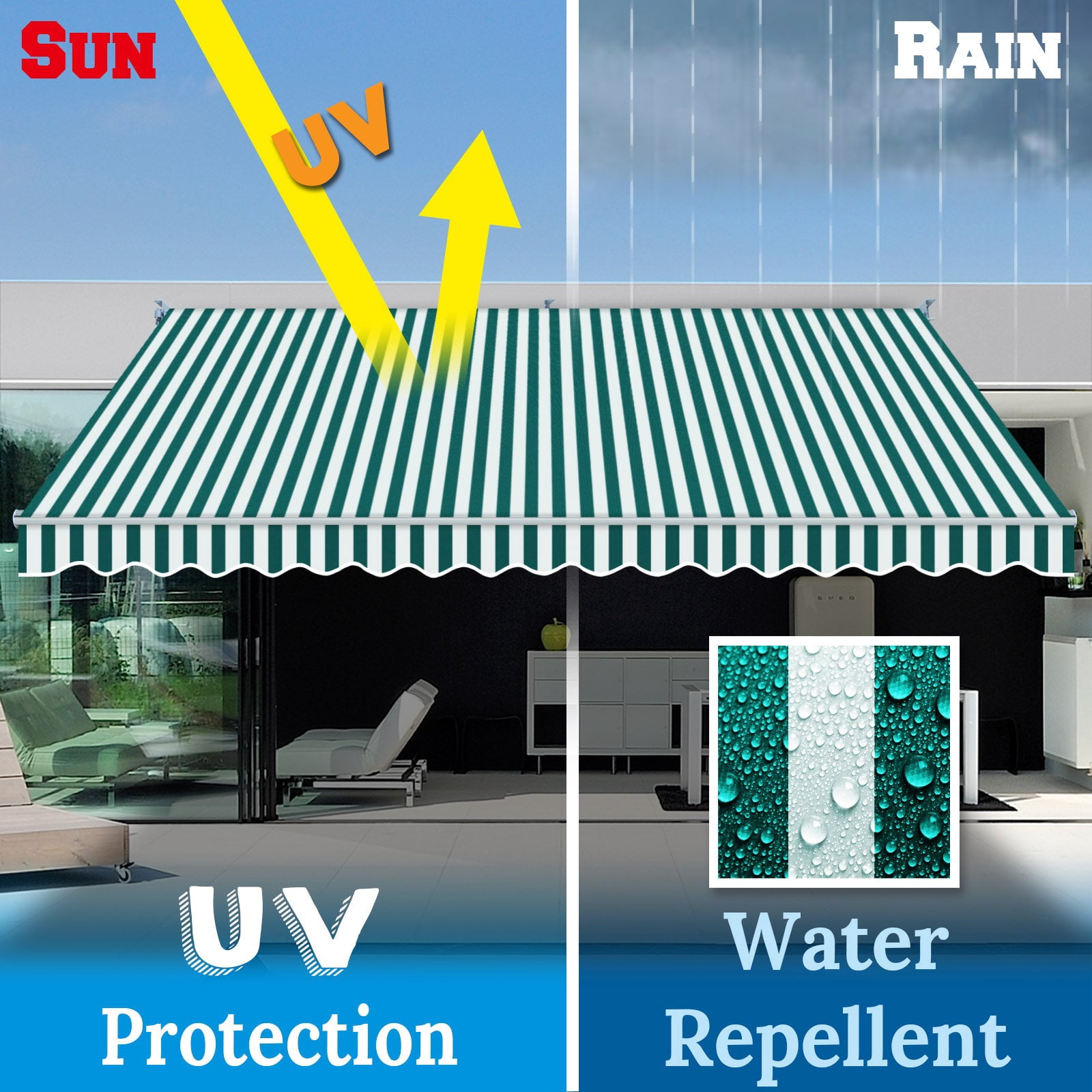 SUNRISEUMBRELLA Outdoor Patio Awning Retractable Awning Sun Shade Manual Patio Deck Awning (13'x10',Green with white)