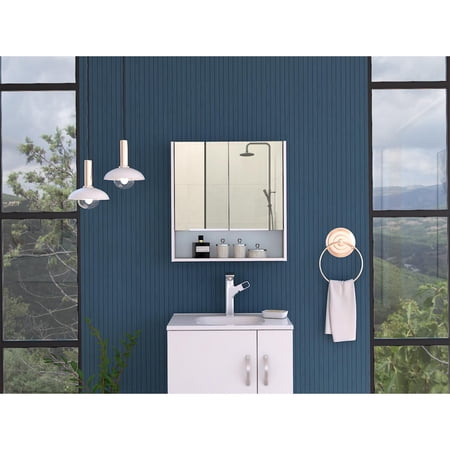 TUHOME White Jaspe Medicine Cabinet with Mirror, 23.6 Double Door Bathroom Cabinet, 3 Shelves   Open Shelf