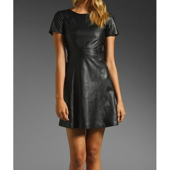 100% Lambskin Leather Beautifully Designed Stylish Black Color Partywear Dress For Women