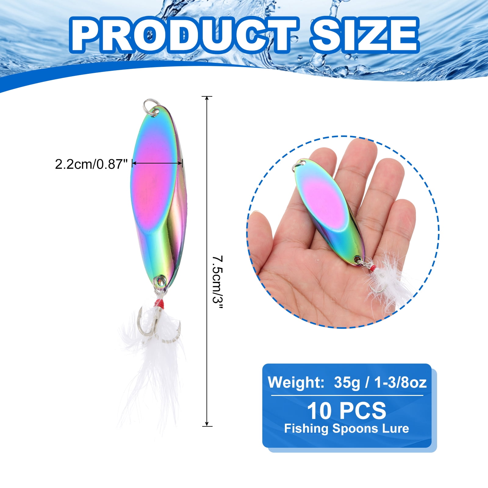 Uxcell Fishing Spoons, 10 Pcs 1-3/8 oz Fishing Lures Casting Spoon Treble Hooks Jigs Hard Metal Spinner Baits for Freshwater Saltwater Salmon, Multicolor