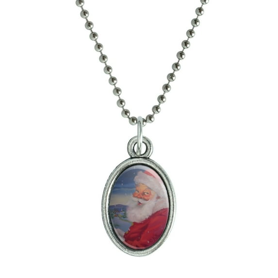 Christmas Holiday Santa Making His Rounds Antiqued Oval Charm Pendant with Chain