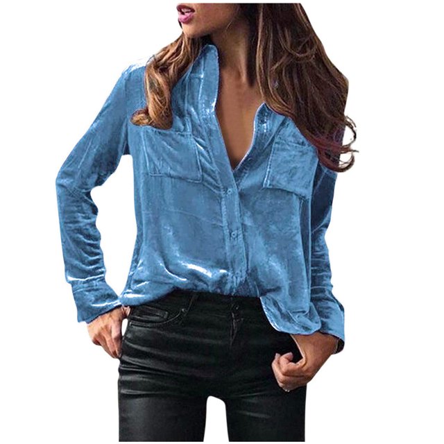 FAIWAD Womens Velvet Vintage Shirts Long Sleeve Button Down Blouses with Pockets Plus Size Velour Tops