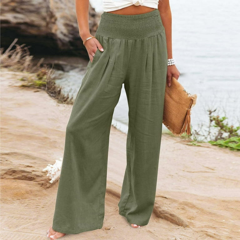 Yuwull Women's Linen Pants Summer Plus Size Flowy Pants Women Casual Loose  Solid Beach Pants Drawstring Elastic Waist Long Wide Leg Pants