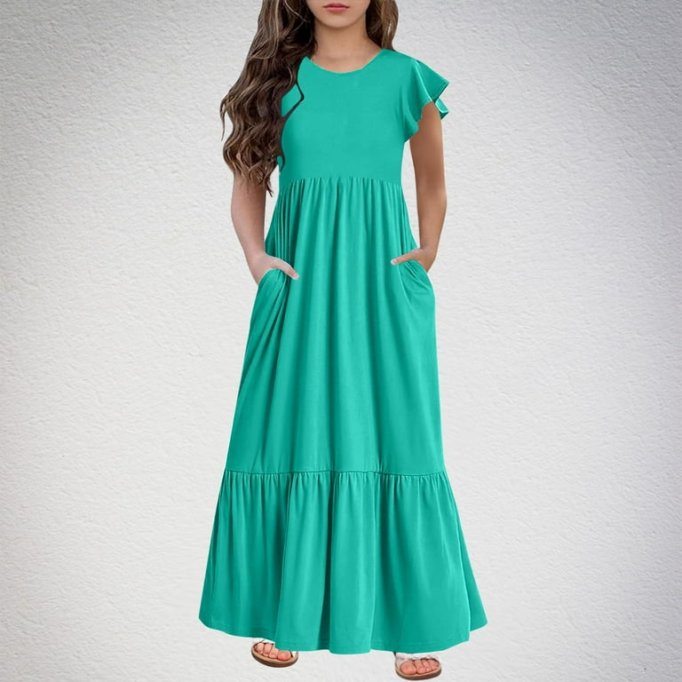 Girls Summer Maxi Dress, Ruffle Short Sleeve Boho Dresses, Tween a Line  Flowy Casual Sundress with Pockets Kids Cotton Dress Mint Green 130 -  Walmart.com