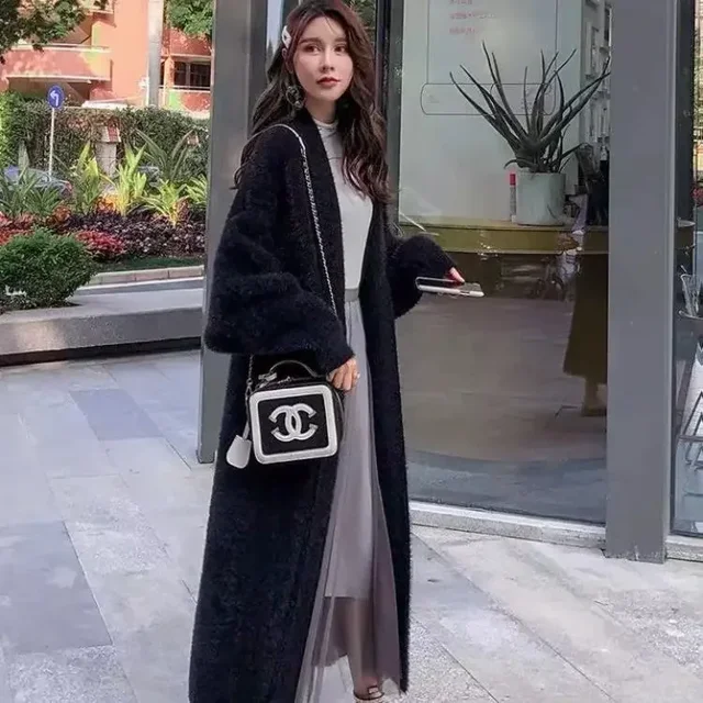 Suéter de mujer Otoño e Invierno cárdigan largo de lana similar a visón abrigo de punto suelto grueso de longitud media estilo inactivo