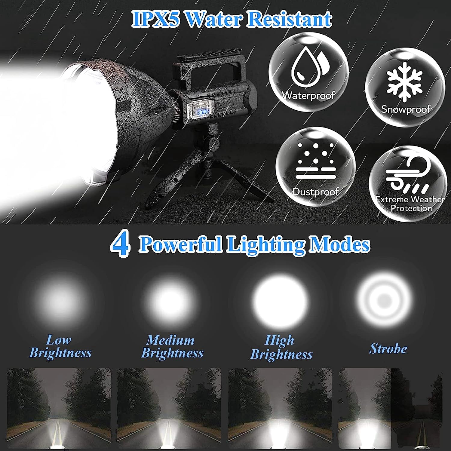 Rechargeable Spotlight Flashlights High Lumens, 90000 Lumens Super Bright LED Searchlight Flashlight with Tripod and USB Output, IPX5 Waterproof, for Emergencies, Fishing, Hiking, Camping