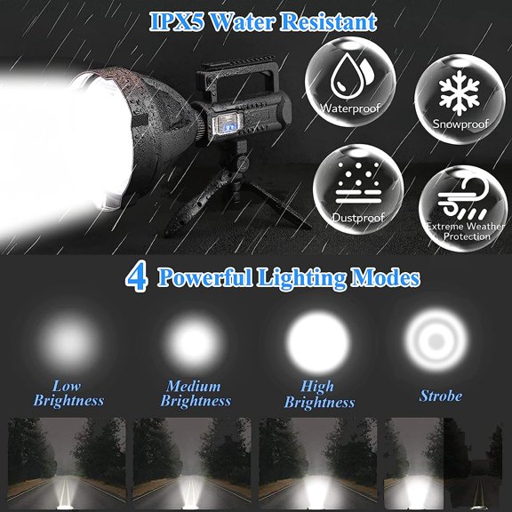 Rechargeable Spotlight Flashlights High Lumens, 90000 Lumens Super Bright LED Searchlight Flashlight with Tripod and USB Output, IPX5 Waterproof, for Emergencies, Fishing, Hiking, Camping