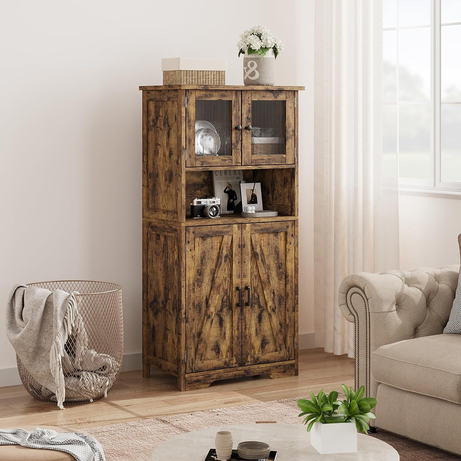 HOSSLLY Bathroom Storage Cabinet, Freestanding Bathroom Cabinet with Open Storage, Kitchen Pantry Cabinet with Doors for Living Room, Bathroom Floor Cabinet, Brown