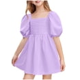 thumbnail image 3 of Milgrthf Robes d'Été pour Filles Col Carré Manches Lanterne Couleur Unie Volantée Robe de Fête Mini 2025 pour 4-12 Ans Violet, 3 of 9