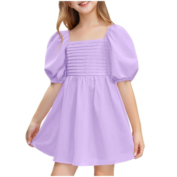XUNKUSGA Girls Summer Dresses Puff Sleeve Smocked Midi Dress Kids Square Neck A Line Flowy Sundresses 3-13 Years