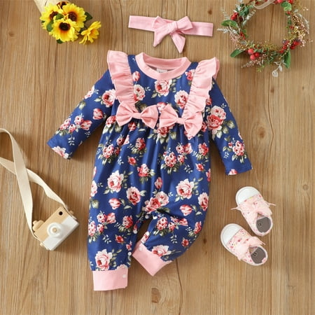 

ZMHEGW Toddler Fall Outfits Baby Girls Long Sleeve Floral Print Patchwork Bowknot Romper Jumpsuit With Headbands Set 2Pcs Outfits Set