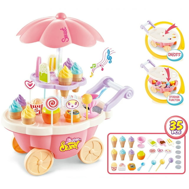Candy Cart Toy Cute Ice Cream Cart Toy Pretend Play Food with Music and Lighting