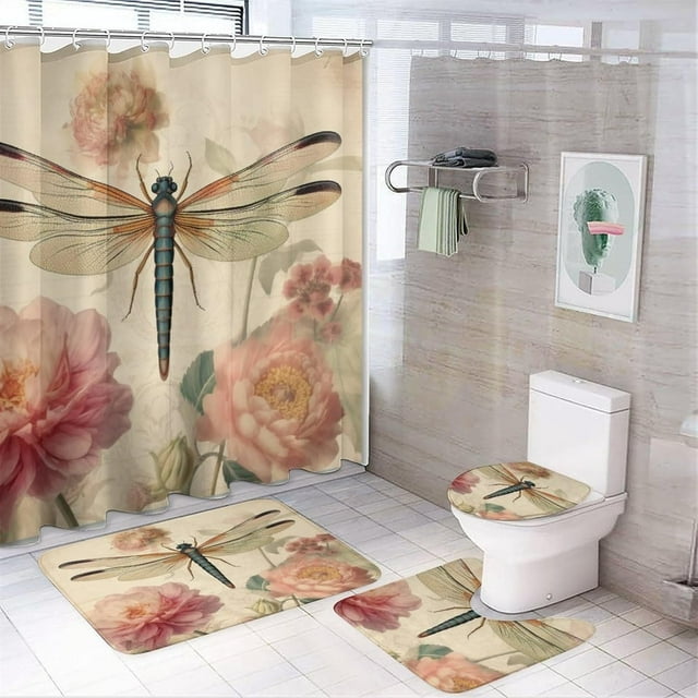 Faty-T Ensemble de Rideaux de Douche Feuilles Botaniques Aquarelle Jardin 4 Pcs Rideau de Douche avec Tapis Branche de Feuillage Botanique Imperméable Décoration de Salle de Bain Durable