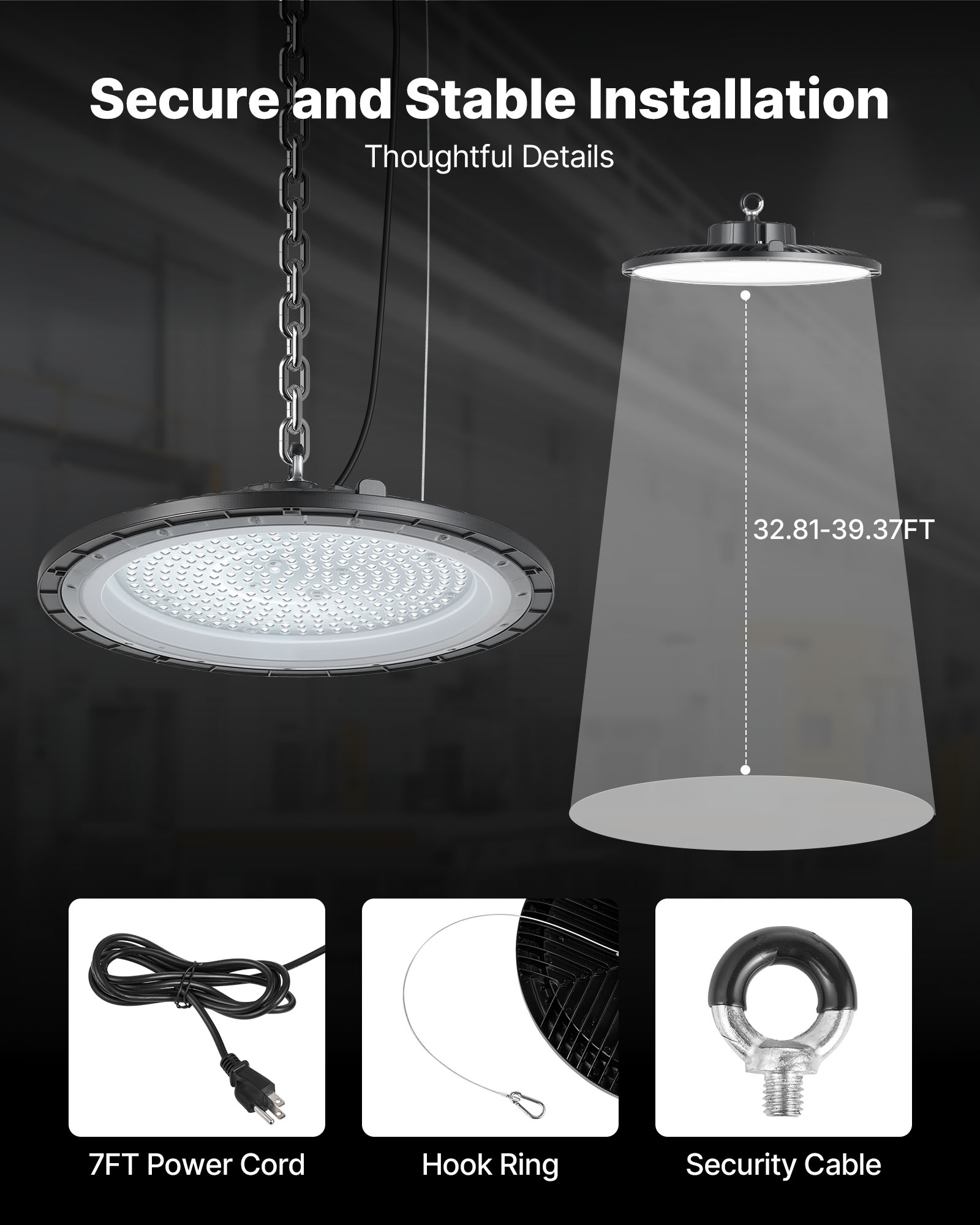 VEVOR 4 Pack LED High Bay Lights, 5000K 250W 36000LM Super Bright UFO LED Warehouse Shop Lights, IP65 Waterproof, 100-277V Wide Voltage for Warehouse Workshop Factory Gym Garage Barn, Black