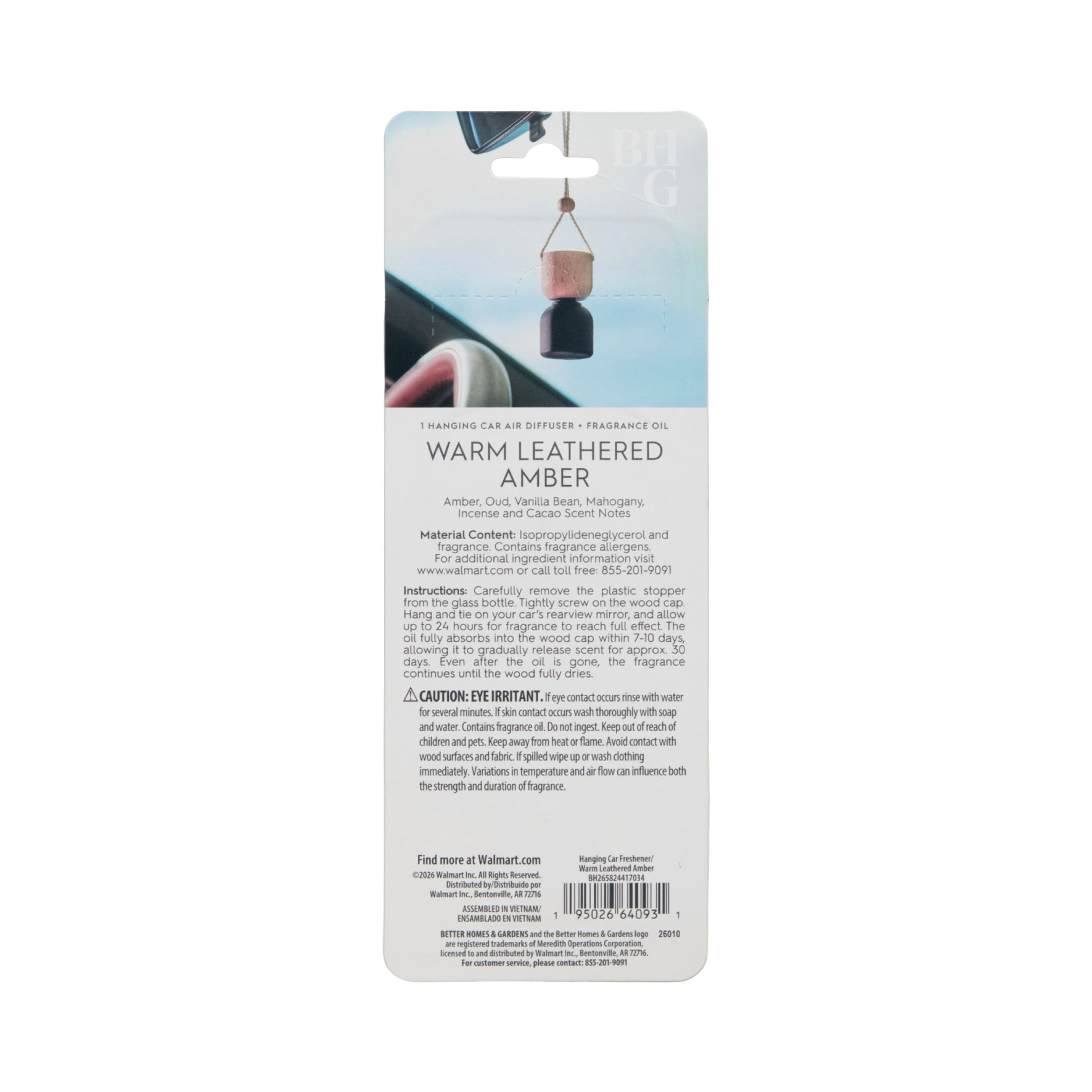 Better Homes & Gardens Warm Leather Amber Scented Hanging Car Diffuser, 0.3 fl (8 ml)