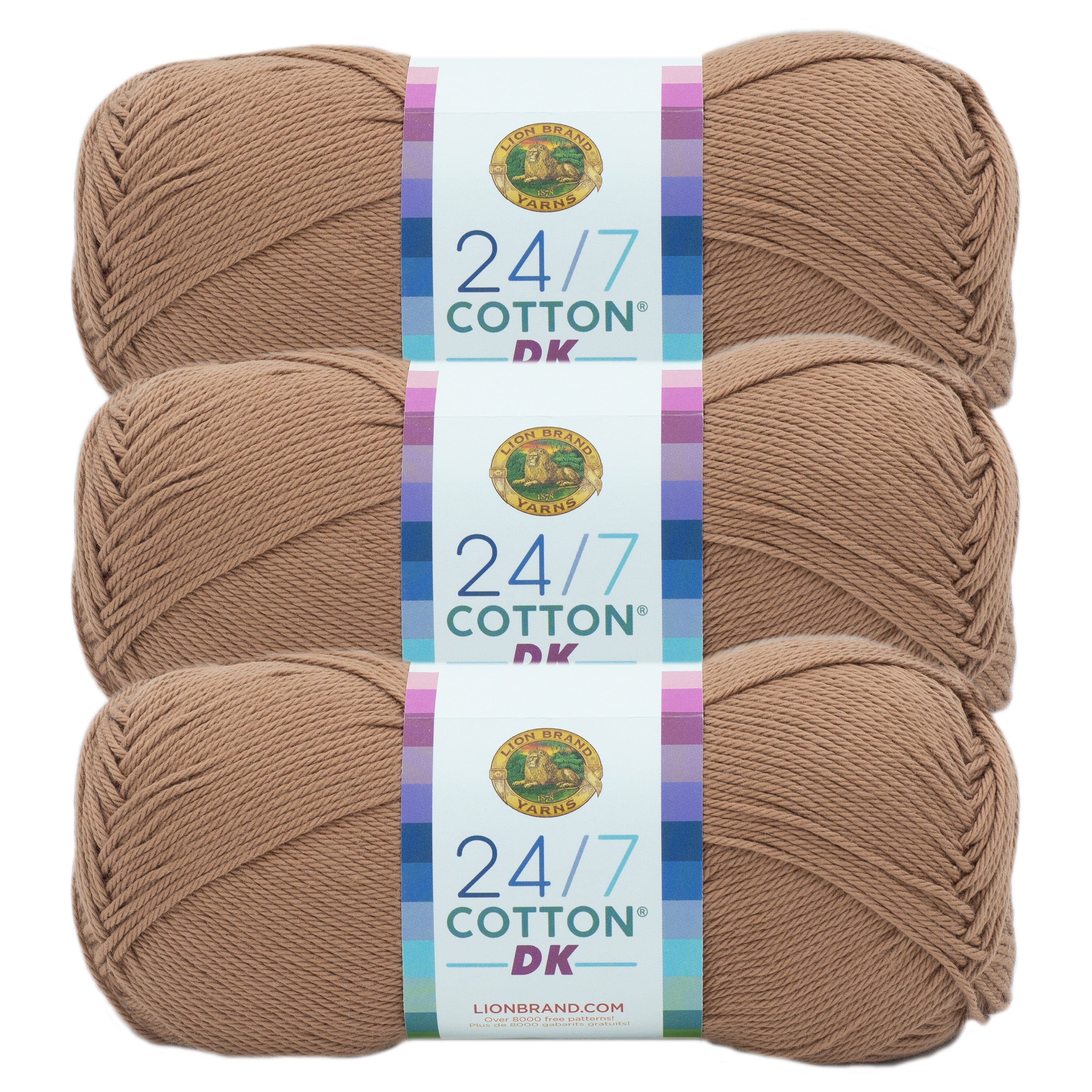 Lion Brand Yarn 24/7 Cotton DK Cacao Light Cotton Brown Yarn 3 Pack ...