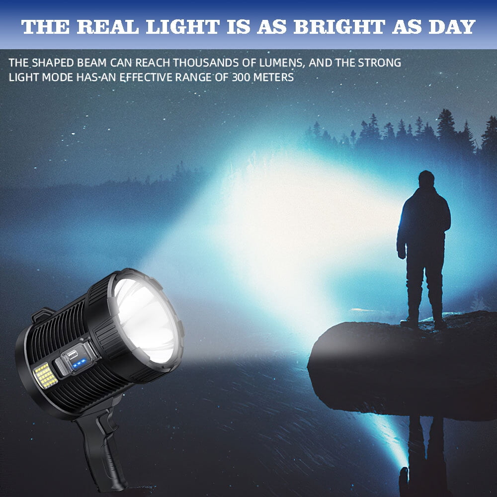 Rechargeable Spotlight, 10000 Lumens Bright LED Flashlight, Outdoor Long Running Handheld Searchlight with Solar Panels for Hunting,Camping,Fishing (6 Modes, IPX5 Waterproof)