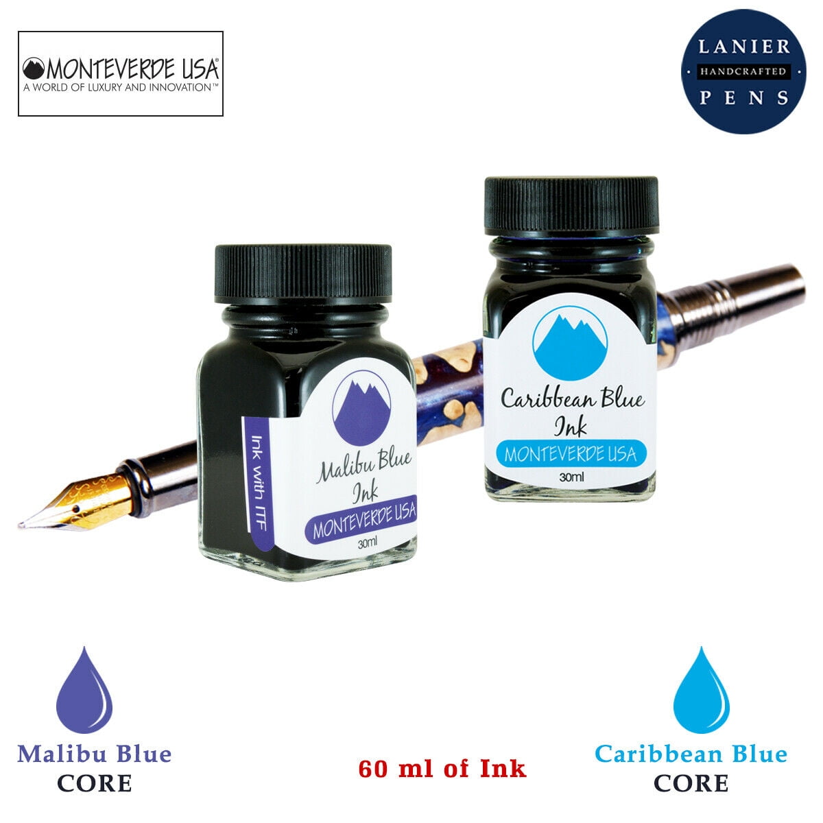 Monteverde 60ml Core Fountain Pen Ink Bottle (30ml Malibu Blue Ink Bottle G309MU, 30ml Caribbean Blue Ink Bottle G309CU)