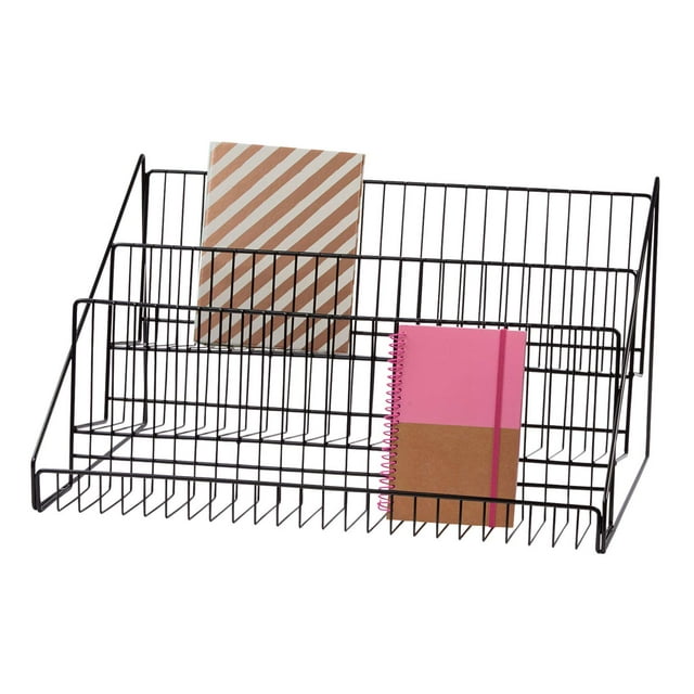 SSWBasics 3-Tier Black Wire Countertop Rack - 12¾”H x 23½”W x 14"D - Black Wire Magazine Display, Countertop Book Display Rack, Multi-Purpose Literature Rack for Comic Books, Magazines, and Literature