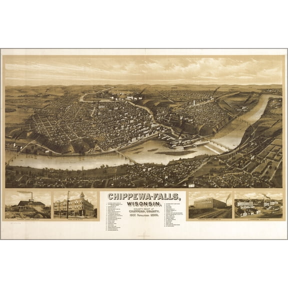 24"x36" Gallery Poster, map of Chippewa Falls, Wisconsin 1907