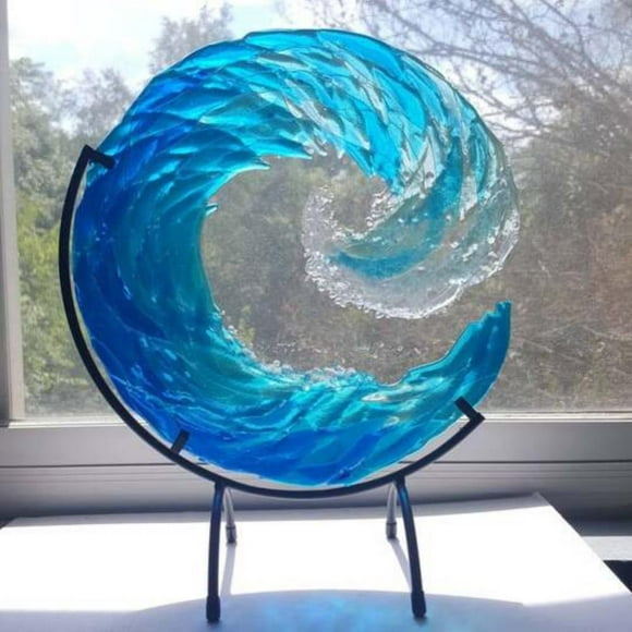 Ocean Wave Fused Sculpture Gradient, Ocean Wave Art Handmade Crafts Ornament with Bracket,Creative Gradient Blue Wave Sculpture Ornaments Decoration
